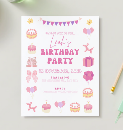 Boho Pink Birthday Party Invitation DIGITAL